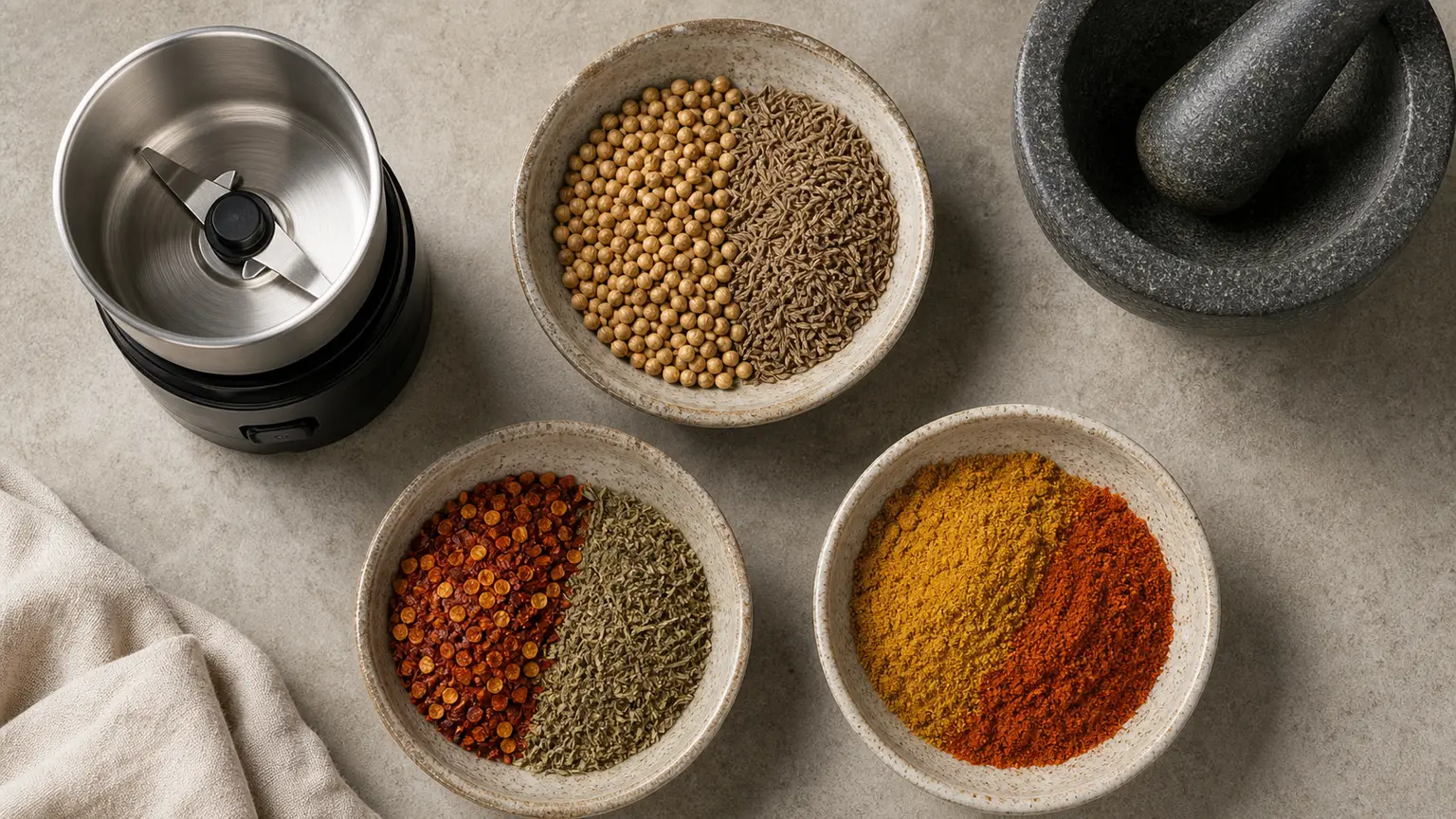 Hard seeds, chile flakes, dried herbs, finished powders, grinder, and mortar arranged for grinding order