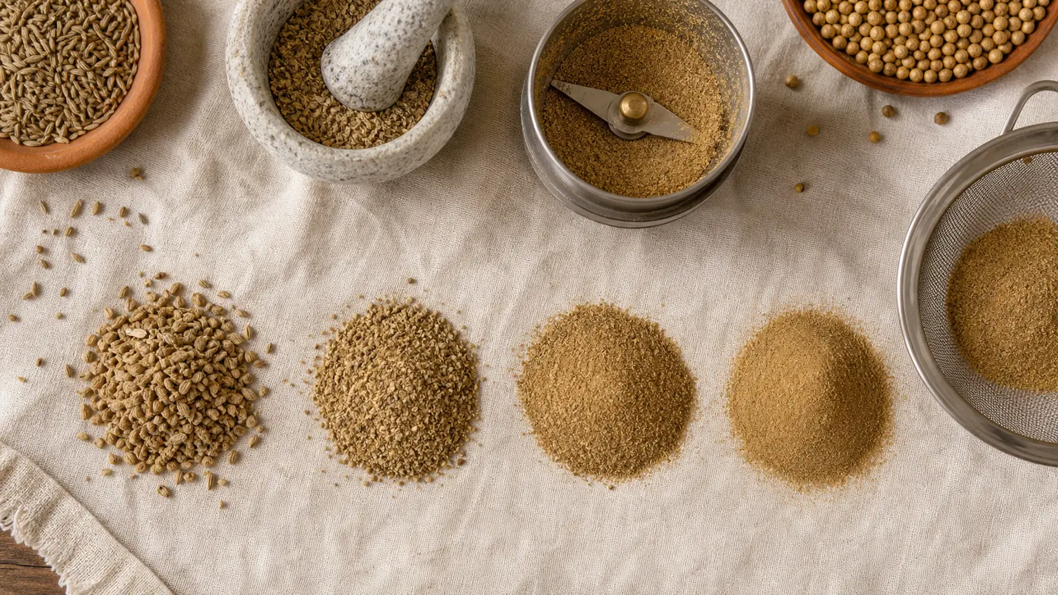 Overhead grinder setup showing cracked, coarse, fine, and sifted spice texture targets