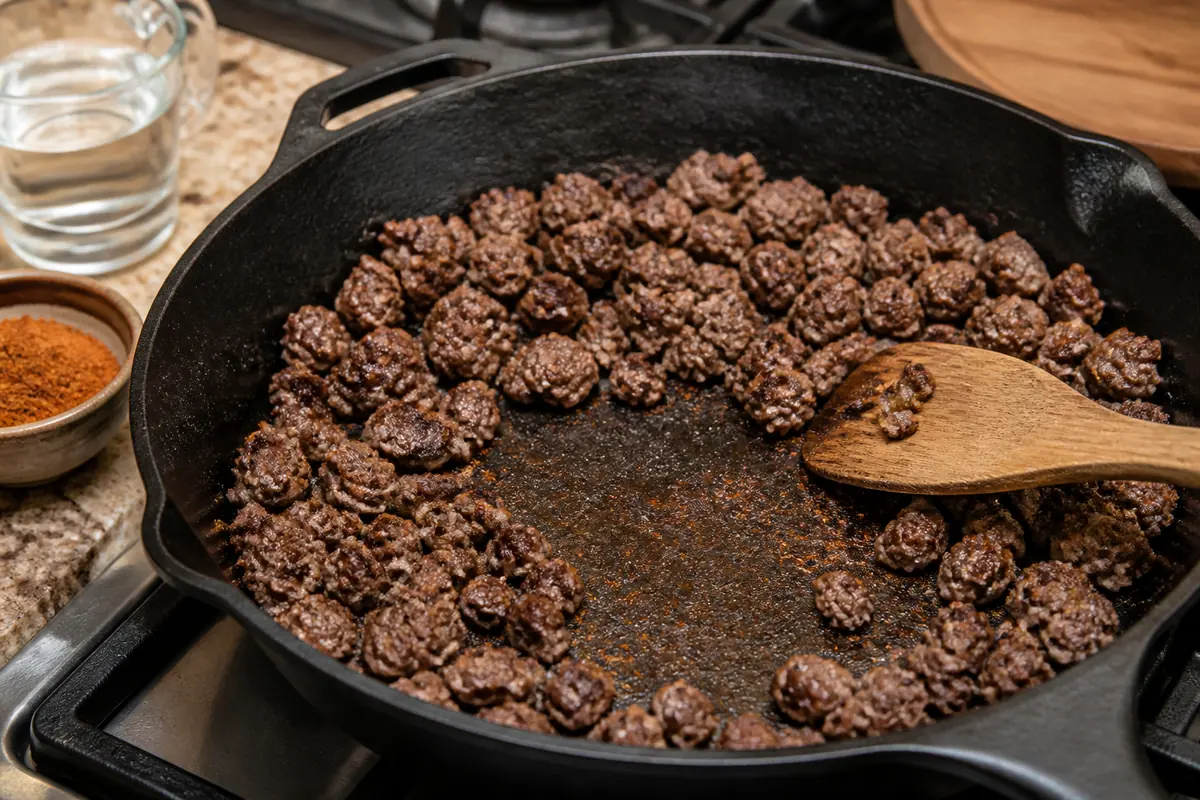 Browned ground beef crumbles with open dry space and fond in a cast-iron skillet
