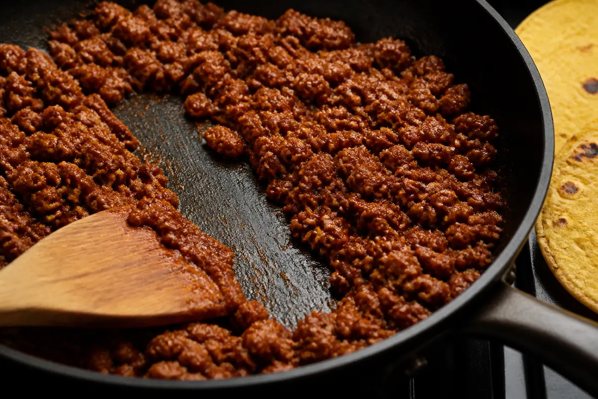 Taco-seasoned ground beef with a clean spatula trail through reduced red sauce