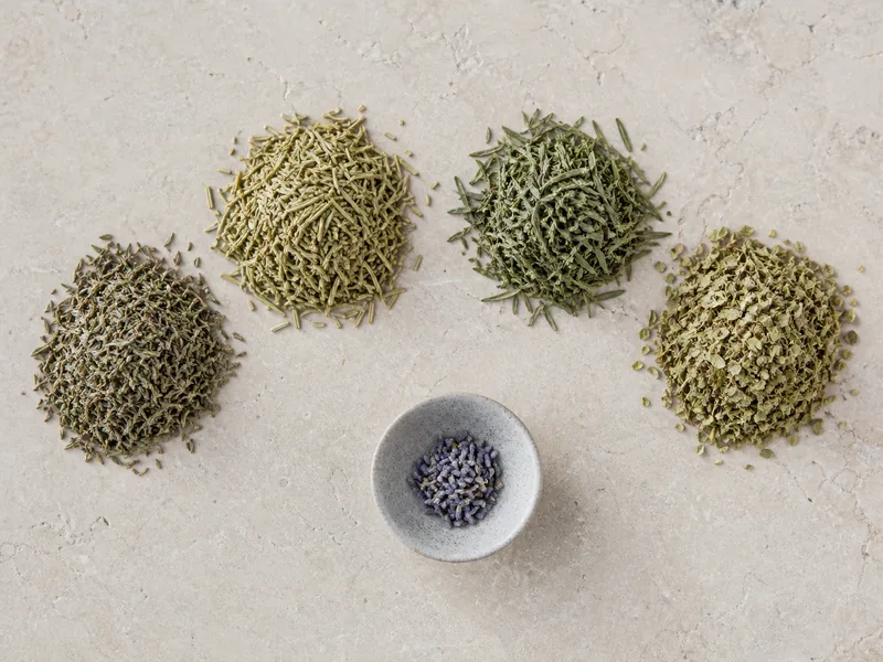 Thyme, rosemary, savory, and oregano beside a tiny lavender pinch - herbs de Provence substitutes | KnowTheSpices