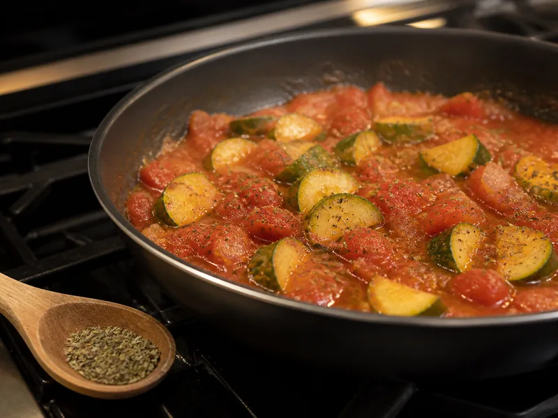 Italian seasoning beside a moist tomato and zucchini braise - herbs de Provence substitutes | KnowTheSpices