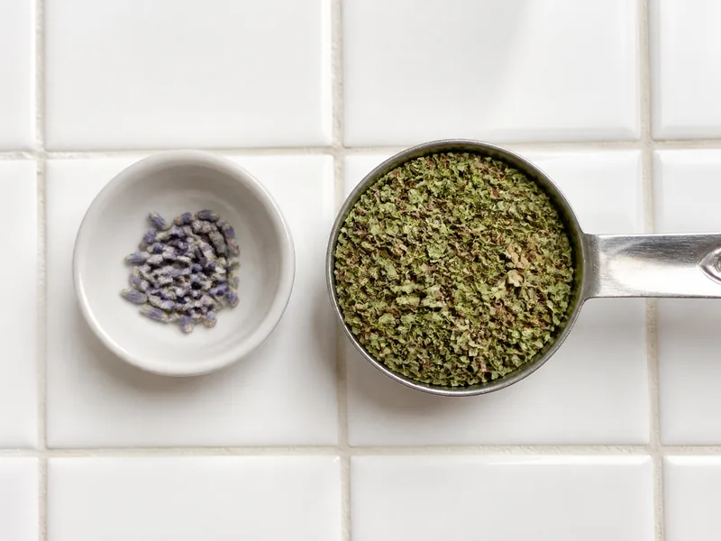 A tiny culinary lavender pinch beside a full tablespoon savory herb blend - herbs de Provence substitutes | KnowTheSpices