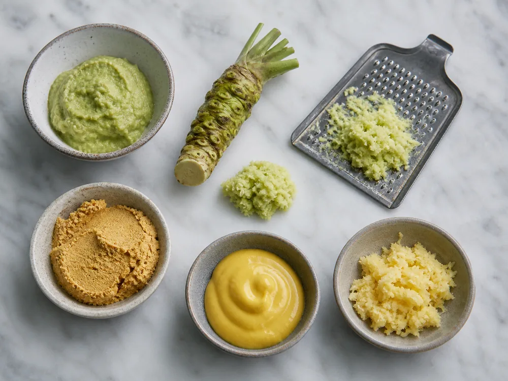 Prepared wasabi, fresh wasabi, mustard powder paste, hot mustard, and ginger in measured portions - horseradish substitutes | KnowTheSpices
