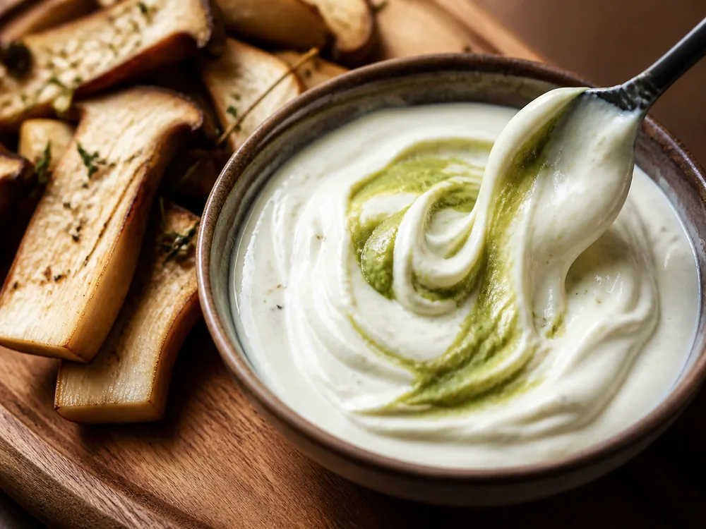 Wasabi or mustard paste folded into thick cream sauce beside sliced roast - horseradish substitute for roast sauce | KnowTheSpices