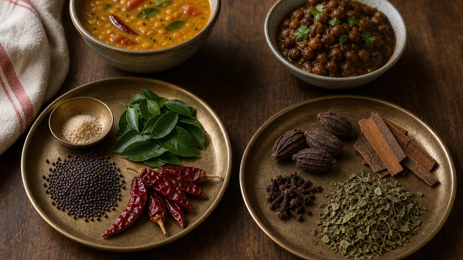 South Indian mustard seed, curry leaves, dried chile, and asafoetida beside North Indian black cardamom, cassia, cloves, and kasuri methi