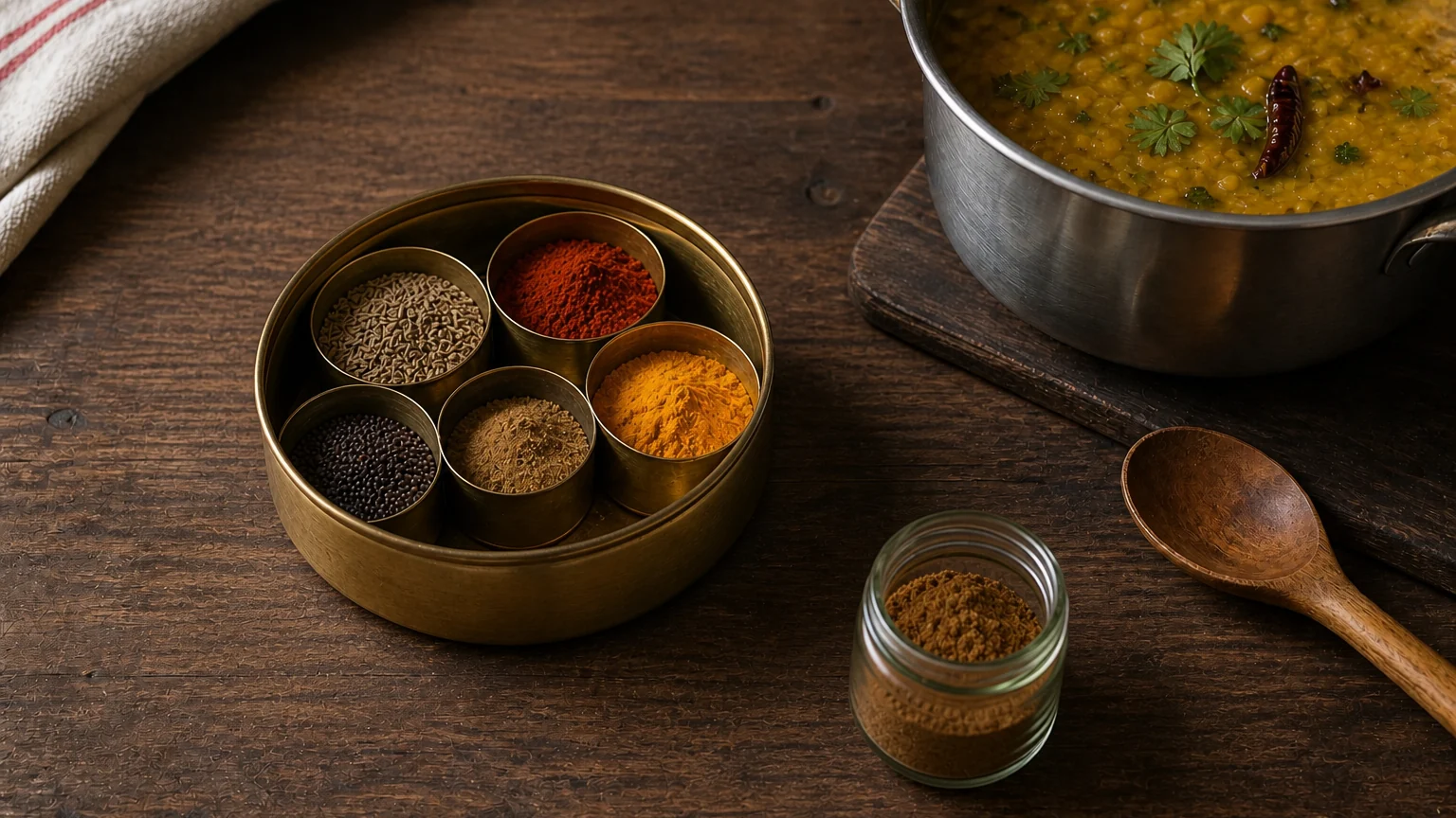 Compact Indian spice pantry with cumin, mustard seed, coriander, turmeric, chile powder, garam masala, and a pot of dal