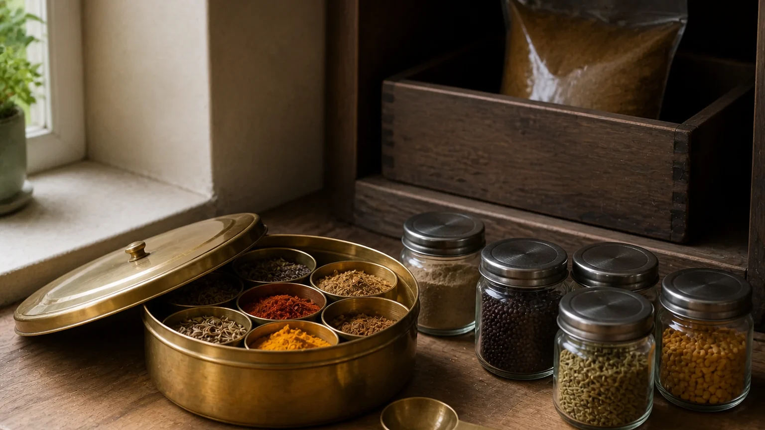 Brass masala dabba, small airtight spice jars, dry spoon, and sealed refill stored in a shaded pantry