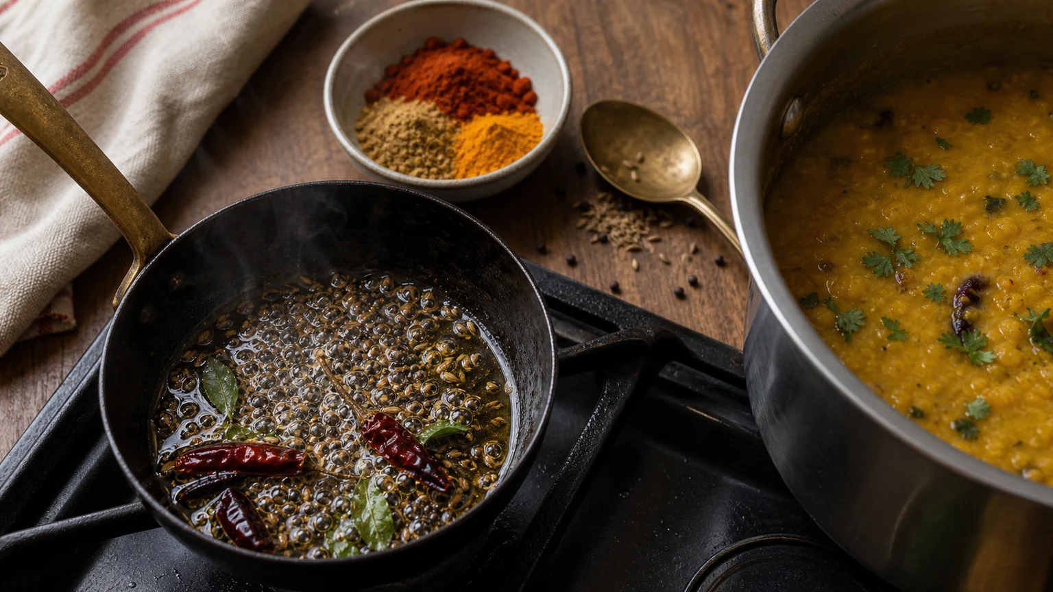 Indian spice pantry timing scene with cumin seeds blooming in oil, ground spices ready, and dal beside a small finishing blend