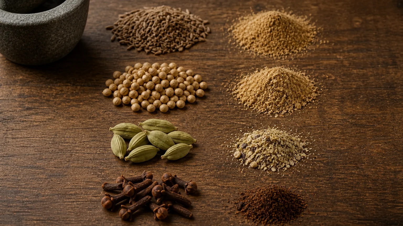 Whole and ground cumin, coriander, cardamom, and cloves arranged in pairs beside a mortar