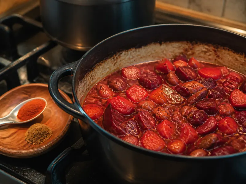 A small spoon of berbere beside a dark red vegetable braise - jerk seasoning substitutes | KnowTheSpices