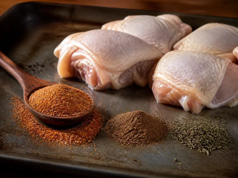 Cajun seasoning with separate allspice and thyme measures beside chicken thighs - jerk seasoning substitutes | KnowTheSpices