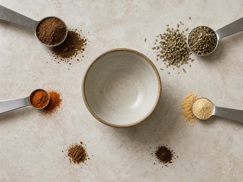 Measured allspice, thyme, cayenne, garlic, cinnamon, and clove around a mixing bowl - jerk seasoning substitutes | KnowTheSpices