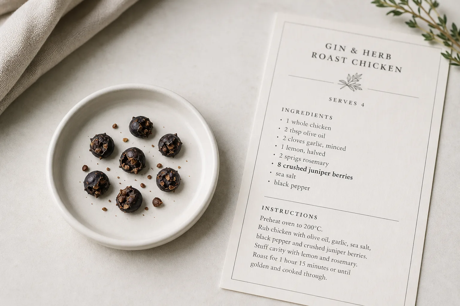 Small groups of two, four, and six crushed juniper berries beside a mortar - juniper berry dose | KnowTheSpices