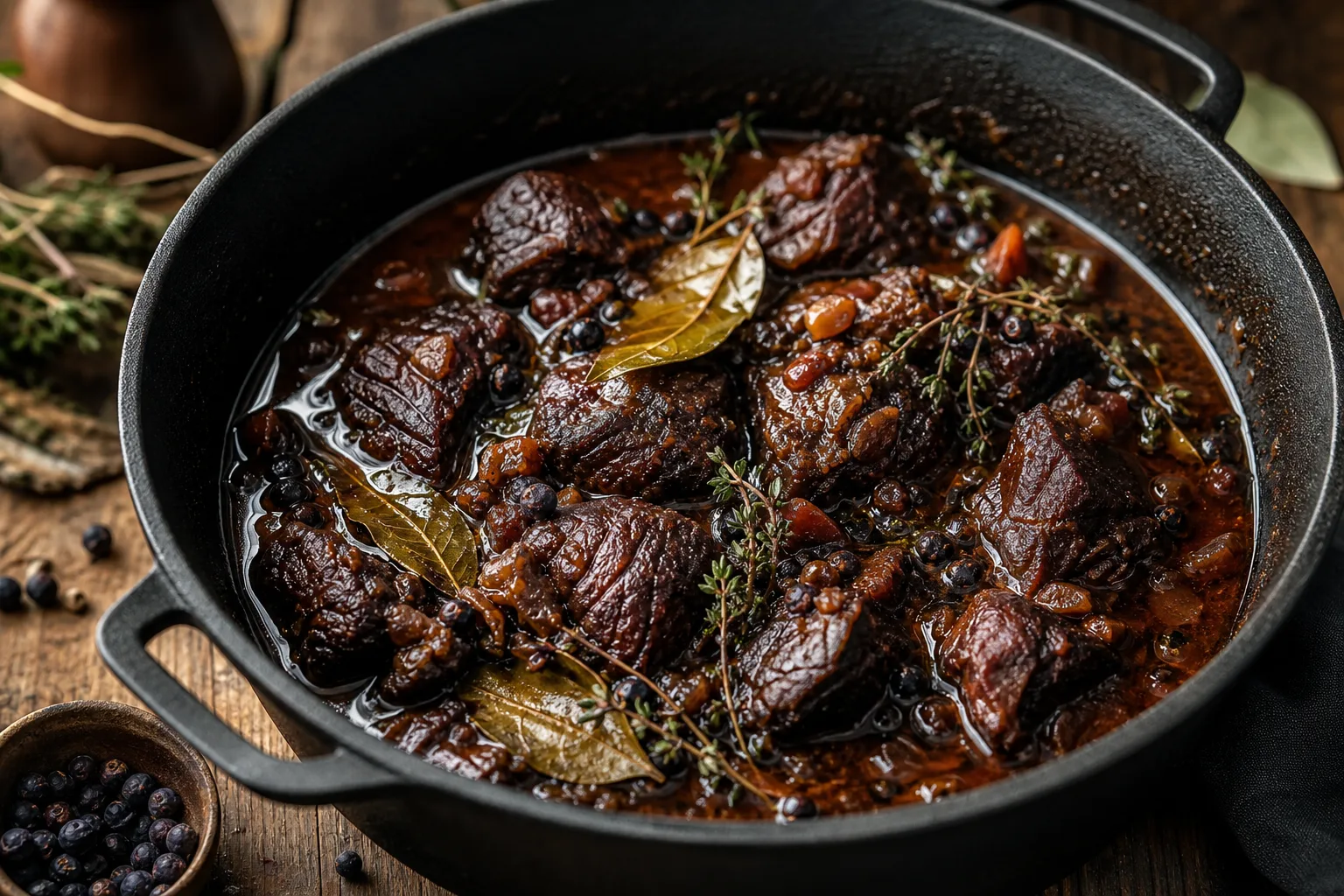 Venison braise with carrots, herbs, and a small bundle of crushed juniper berries - cooking with juniper berries | KnowTheSpices