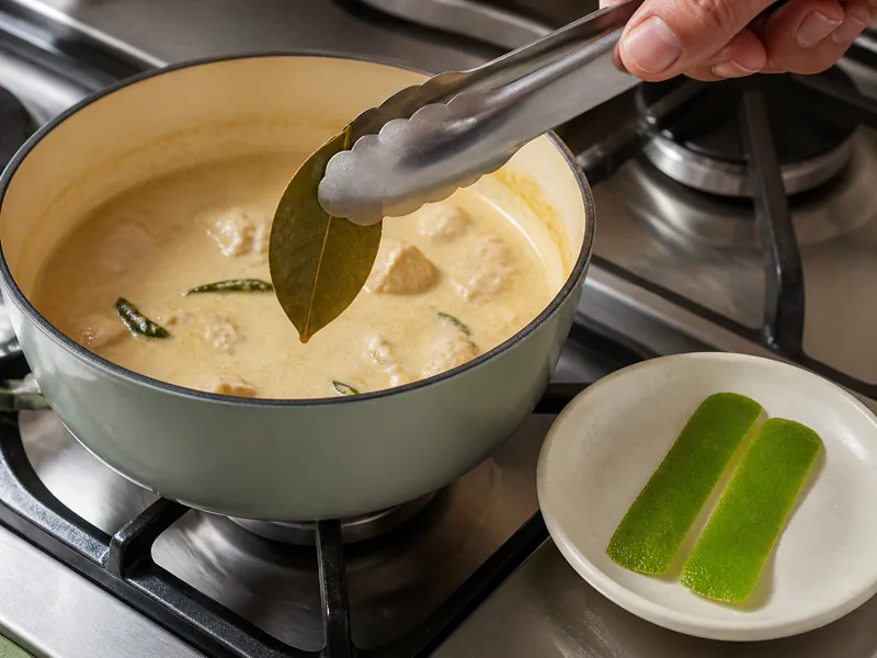 Fresh bay leaf lifted from coconut curry beside two wide strips of green lime zest