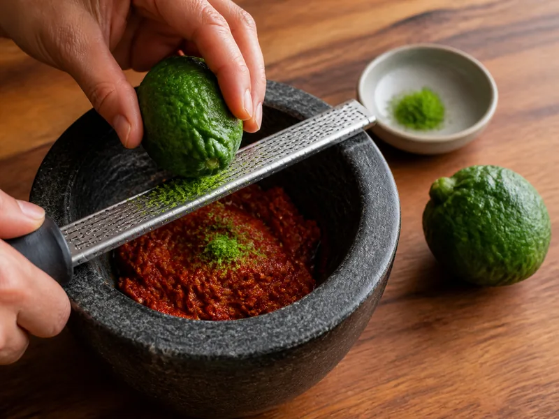 Green makrut lime zest grated into curry paste with a small pinch reserved for finishing