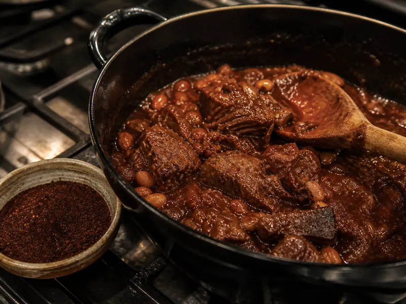 Ancho chile powder beside a dark red-brown lamb and bean braise - Kashmiri chili powder substitutes | KnowTheSpices