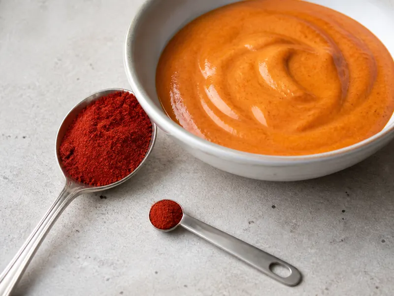 A large paprika spoon and tiny cayenne spoon beside red-orange yogurt marinade - Kashmiri chili powder substitutes | KnowTheSpices