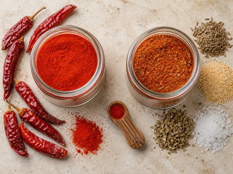 Pure red chile powder beside a seasoning blend containing cumin, garlic, oregano, and salt - Kashmiri chili powder substitutes | KnowTheSpices