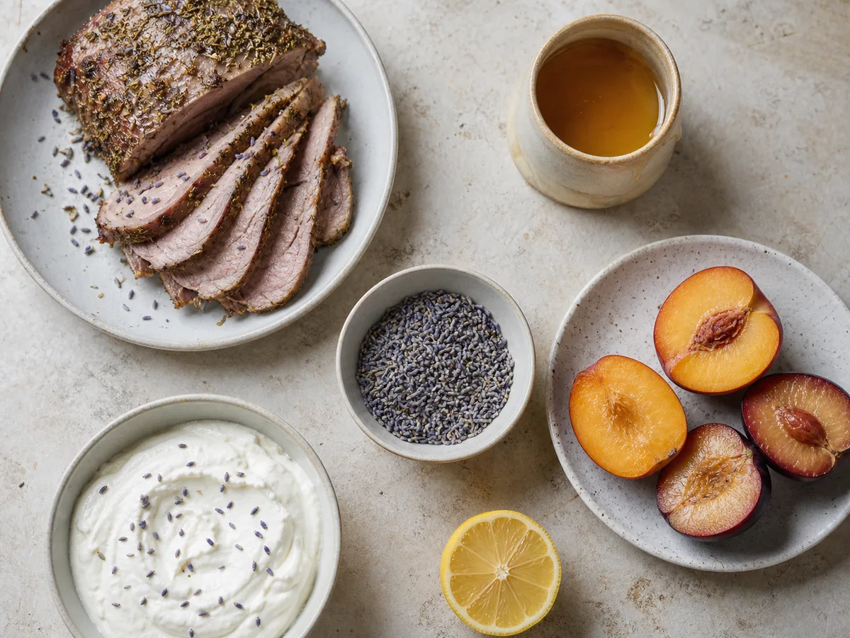 Roast lamb, honey, stone fruit, cream, lemon, and dried buds arranged around a bowl - cooking with lavender | KnowTheSpices
