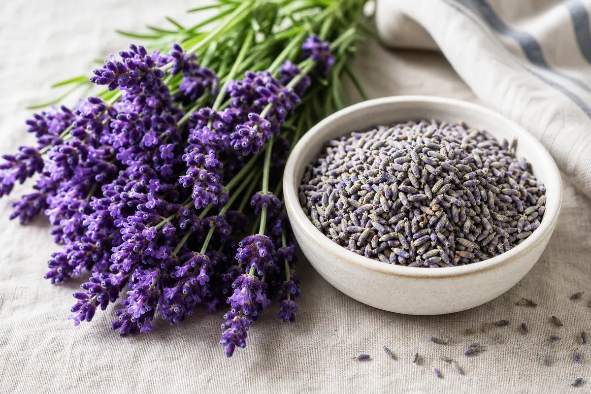 Fresh English lavender sprigs beside a bowl of dried buds - fresh and dried lavender | KnowTheSpices
