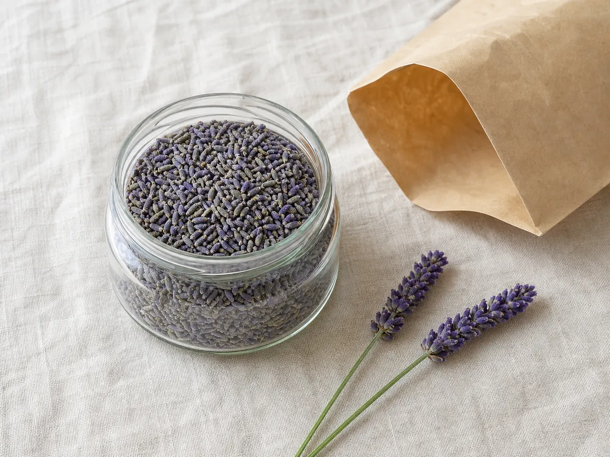Jar of cleaned dried culinary lavender buds beside two compact English lavender stems - culinary lavender | KnowTheSpices