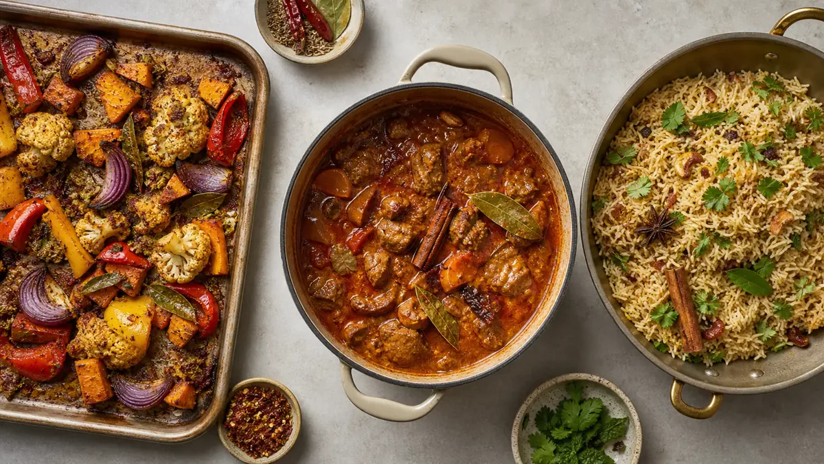 Roasted vegetables, wet stew, and rice pilaf showing how dish moisture changes spice layering