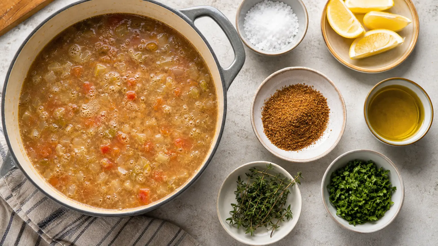 A simmering pot with salt, lemon, oil, spice powder, and herbs arranged as seasoning checkpoints