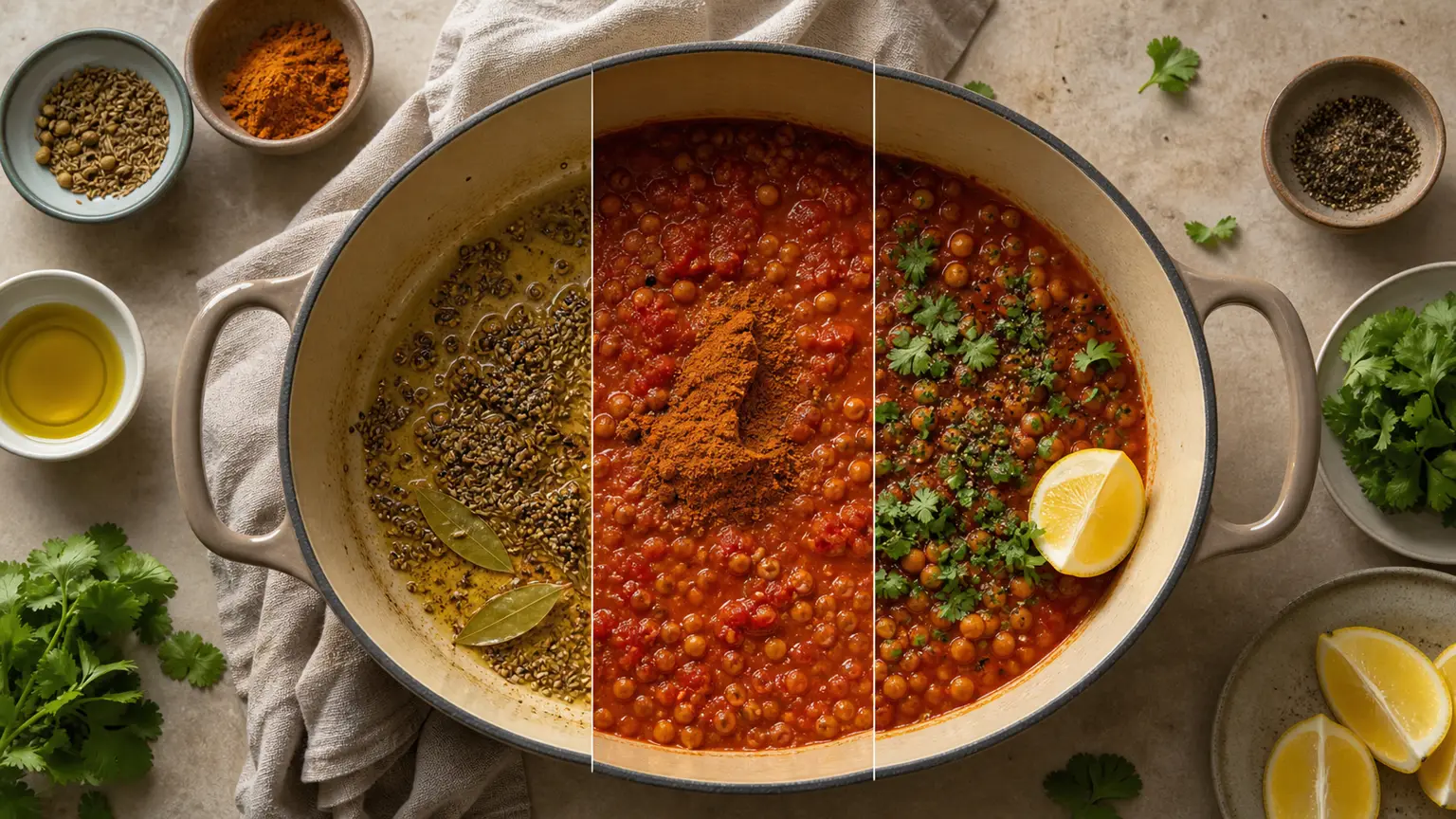 One cooking pot with base aromatics, middle sauce spices, and fresh finishing herbs arranged as a layering plan
