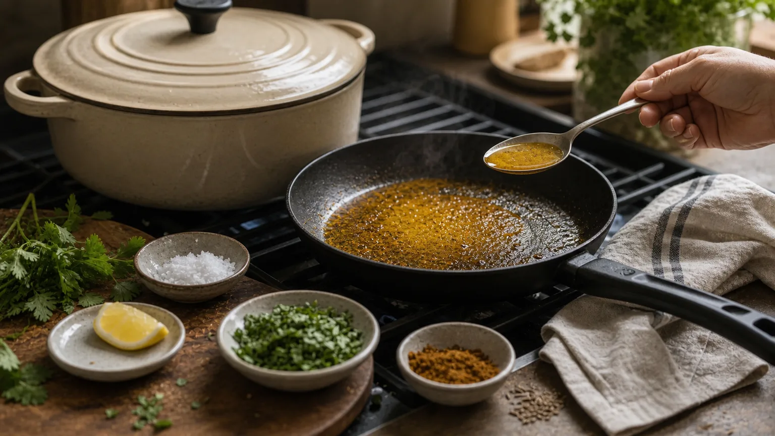 Skillet with bloomed spices, spoon of seasoned broth, salt, lemon, herbs, and covered pot