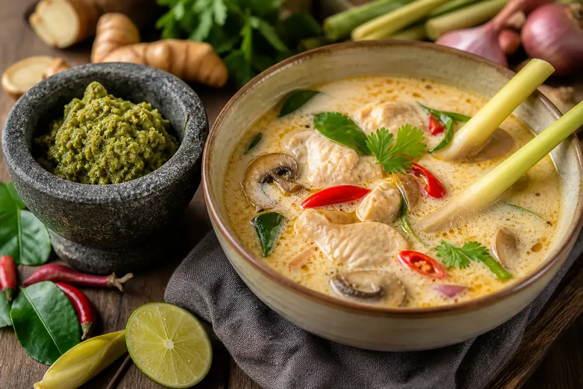 Clear lemongrass broth with removable stalks beside a mortar of fine aromatic paste and grilled lemongrass chicken
