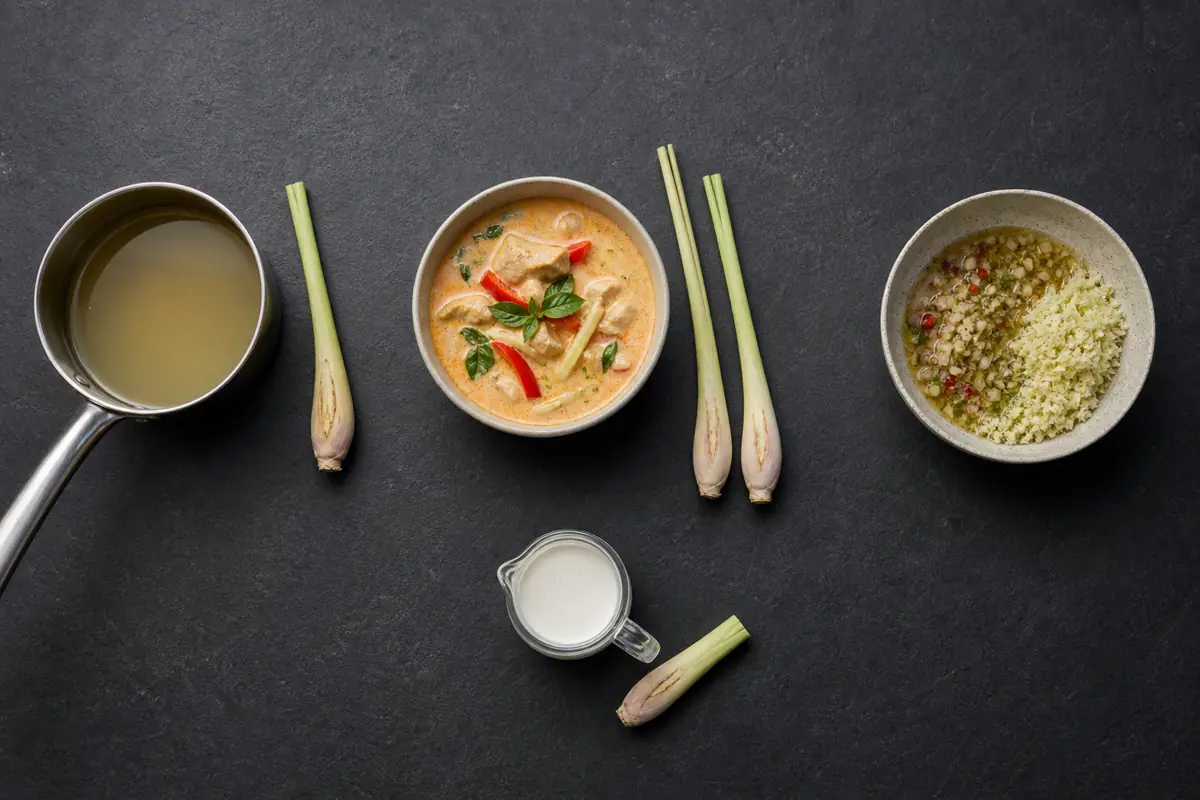 One and two bruised lemongrass stalks beside a soup pot, coconut curry, marinade bowl, and small infused custard jug