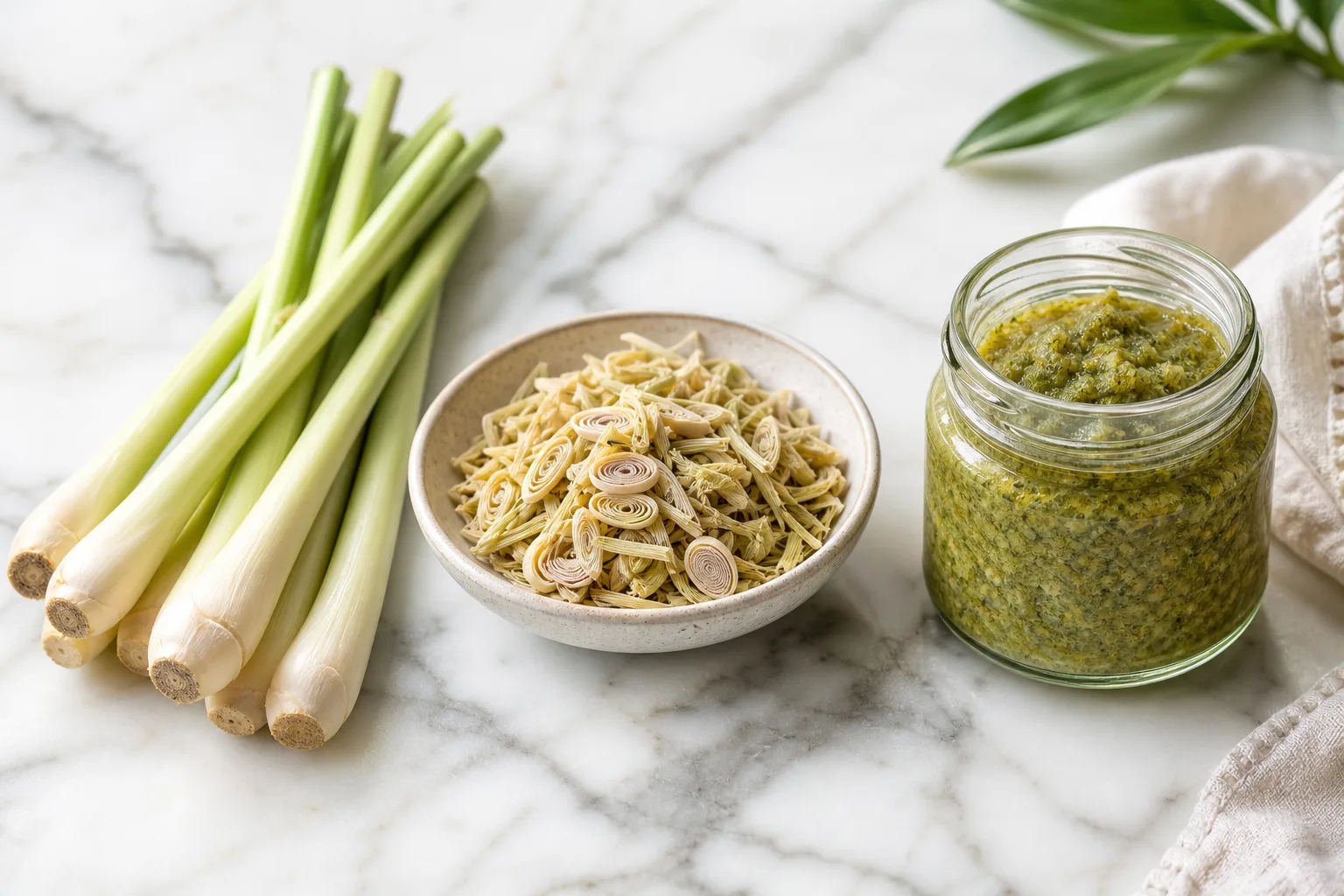 Fresh lemongrass stalks, frozen sliced portions, dried pieces, prepared paste, and powder arranged in separate bowls