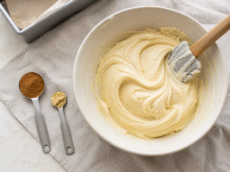Unequal cinnamon and ground ginger measures beside pale pound cake batter - Mace substitutes | KnowTheSpices