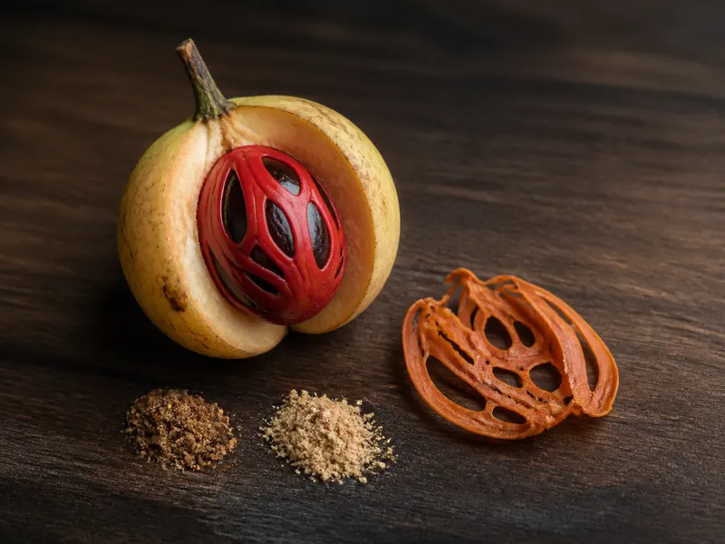 Orange-red mace aril wrapped around a nutmeg seed beside ground mace and nutmeg - Mace substitutes | KnowTheSpices