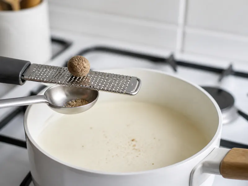 Fresh nutmeg grated in a small measured amount over pale bechamel sauce - Mace substitutes | KnowTheSpices