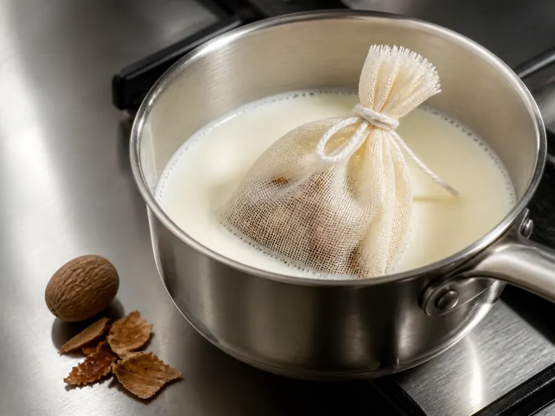 Nutmeg shaving sachet steeping in a small saucepan of milk - Mace substitutes | KnowTheSpices
