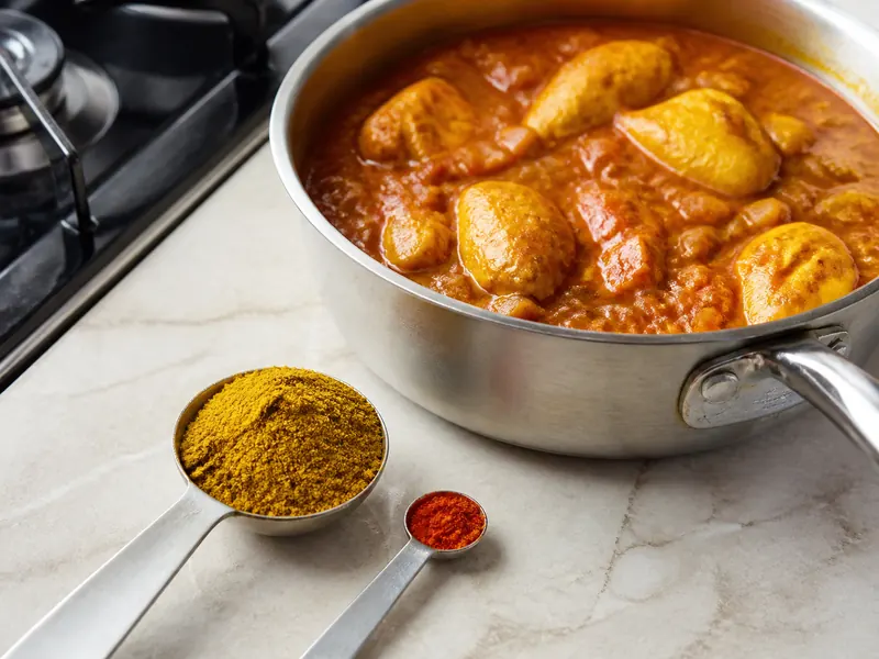 Large spoon of curry powder and small spoon of cayenne beside red-gold chicken curry sauce - Madras curry powder substitutes | KnowTheSpices