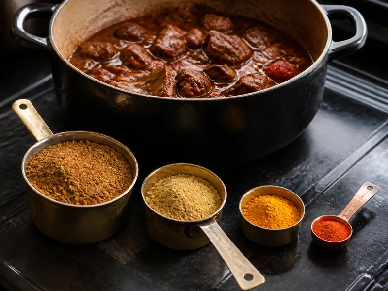 Garam masala corrected with coriander, turmeric, and cayenne beside lamb braise - Madras curry powder substitutes | KnowTheSpices
