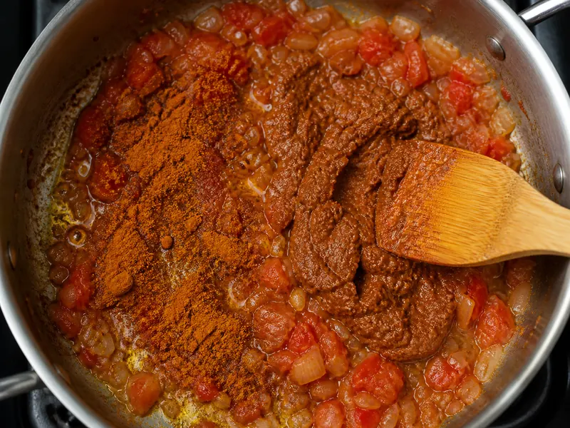 Dry curry powder blooming in oil beside a thicker curry paste in a split pan - Madras curry powder substitutes | KnowTheSpices