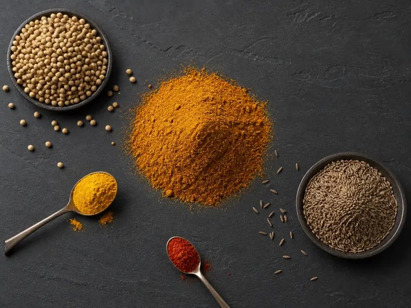 Coriander and cumin, turmeric, and cayenne arranged around red-gold curry powder - Madras curry powder substitutes | KnowTheSpices