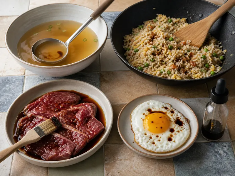 Broth, fried rice, meat marinade, and a cooked egg shown with four different restrained liquid seasoning applications