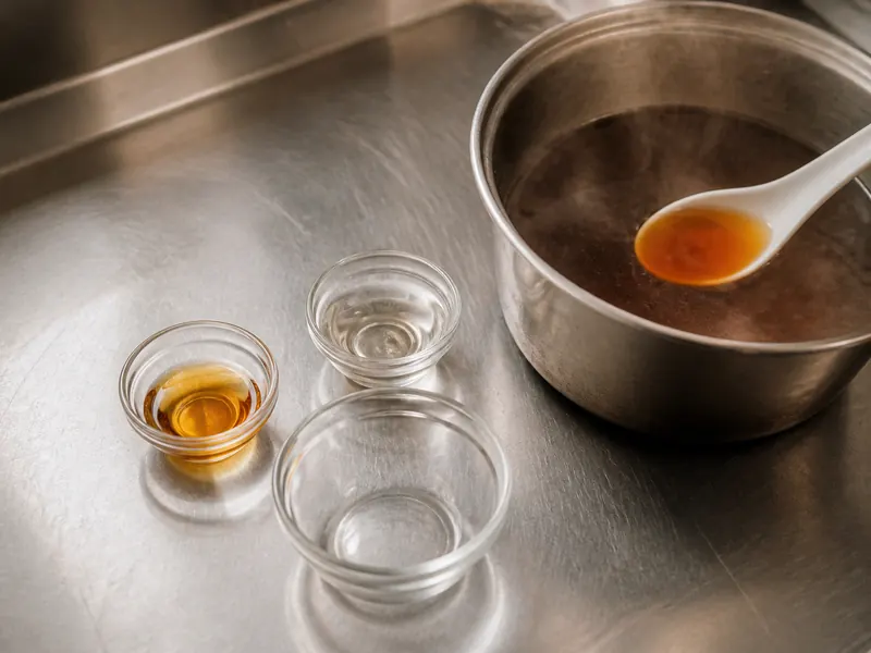 A half-teaspoon of amber fish sauce and equal water joining beside a steaming beef broth