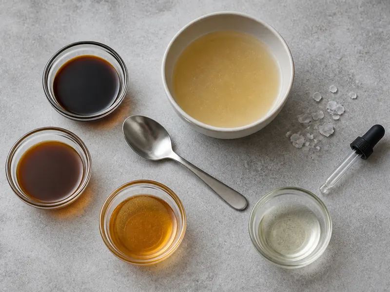 Four dark liquid seasoning samples around a pale broth bowl with a teaspoon and salt crystals