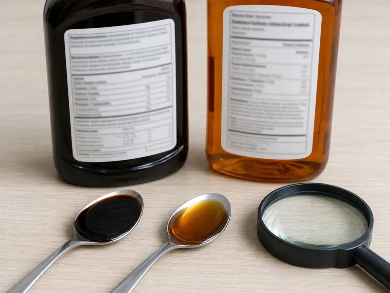 Two generic condiment bottles turned to ingredient panels beside separate teaspoon samples and a magnifying glass