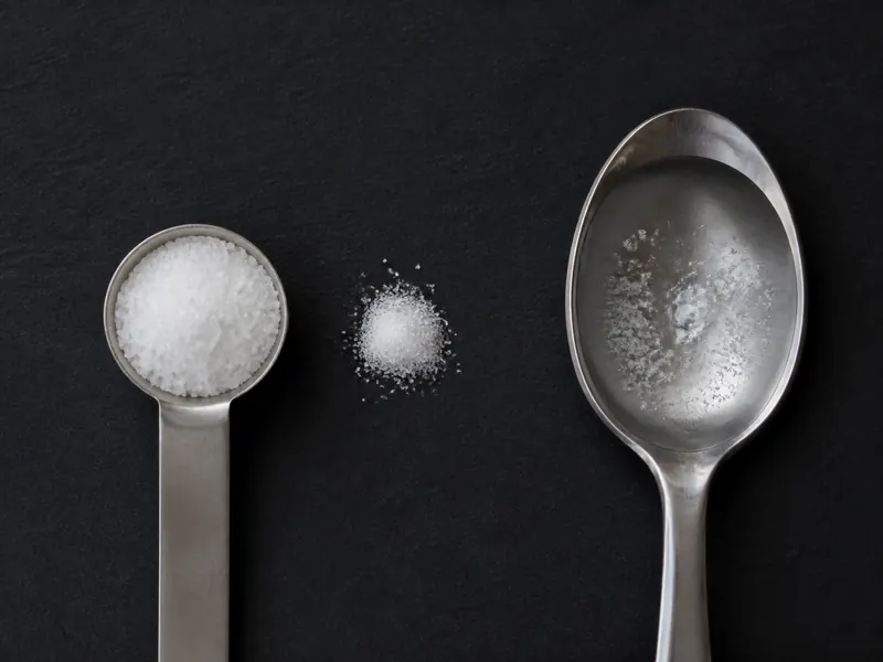 One-eighth teaspoon of MSG crystals and a smaller salt pinch dissolving into a clear teaspoon of warm water