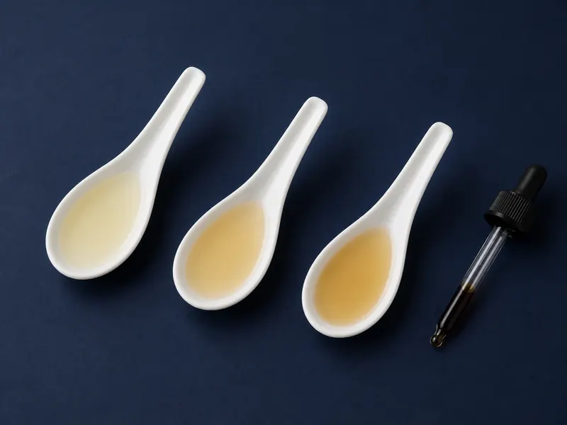Three white tasting spoons holding progressively darker broth beside a glass dropper