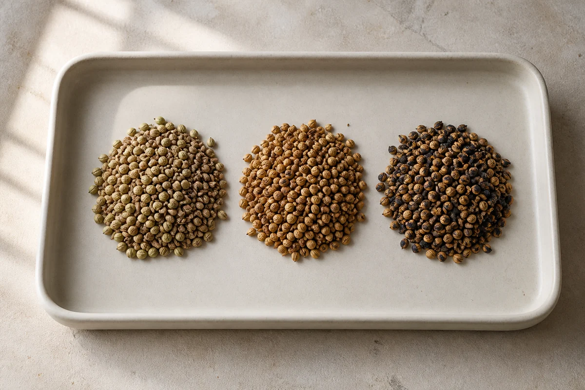 Raw, gently toasted, and scorched coriander seeds arranged in three groups on a ceramic tray