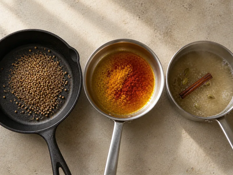 Whole spices in a dry skillet, ground spices blooming in oil, and cinnamon with cardamom simmering in broth